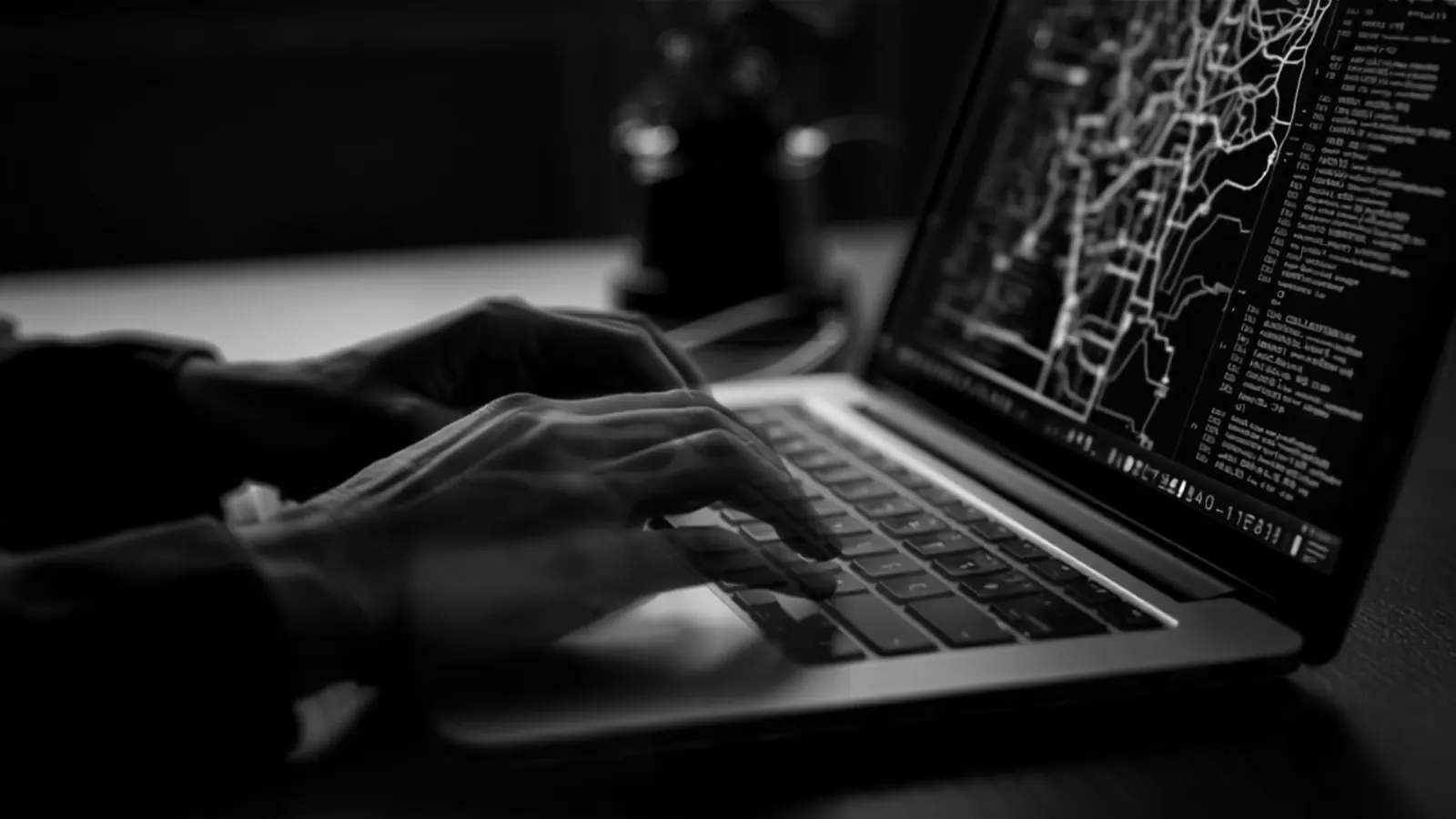 Hands typing on a laptop whose screen shows a network map and terminal output