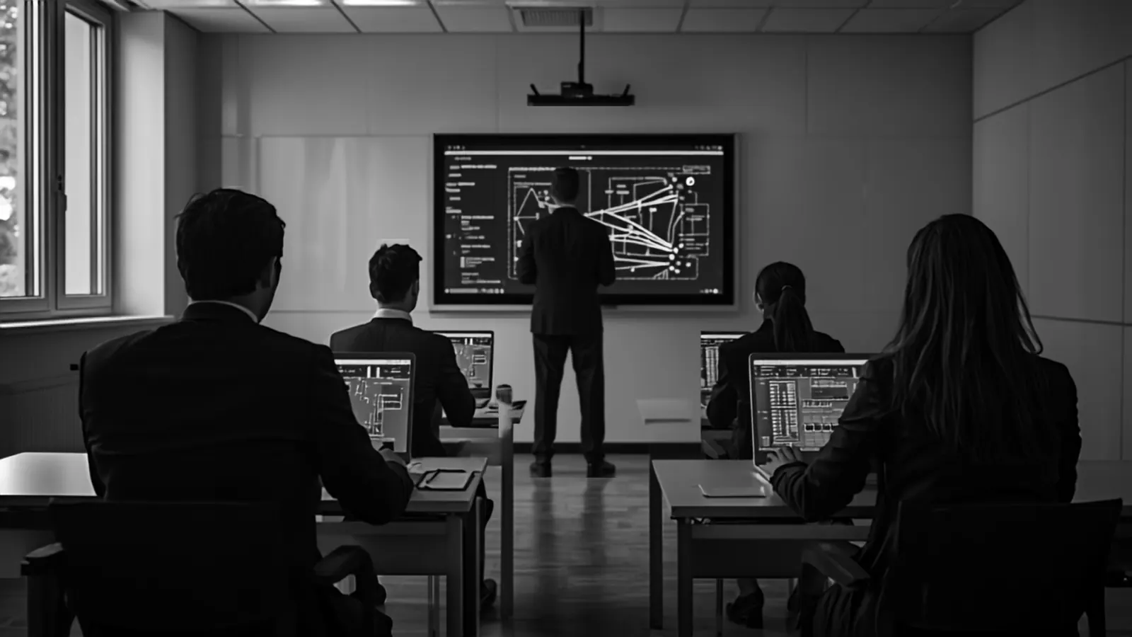 A trainer at a large screen showing a network diagram, with professionals following along on laptops in a small classroom